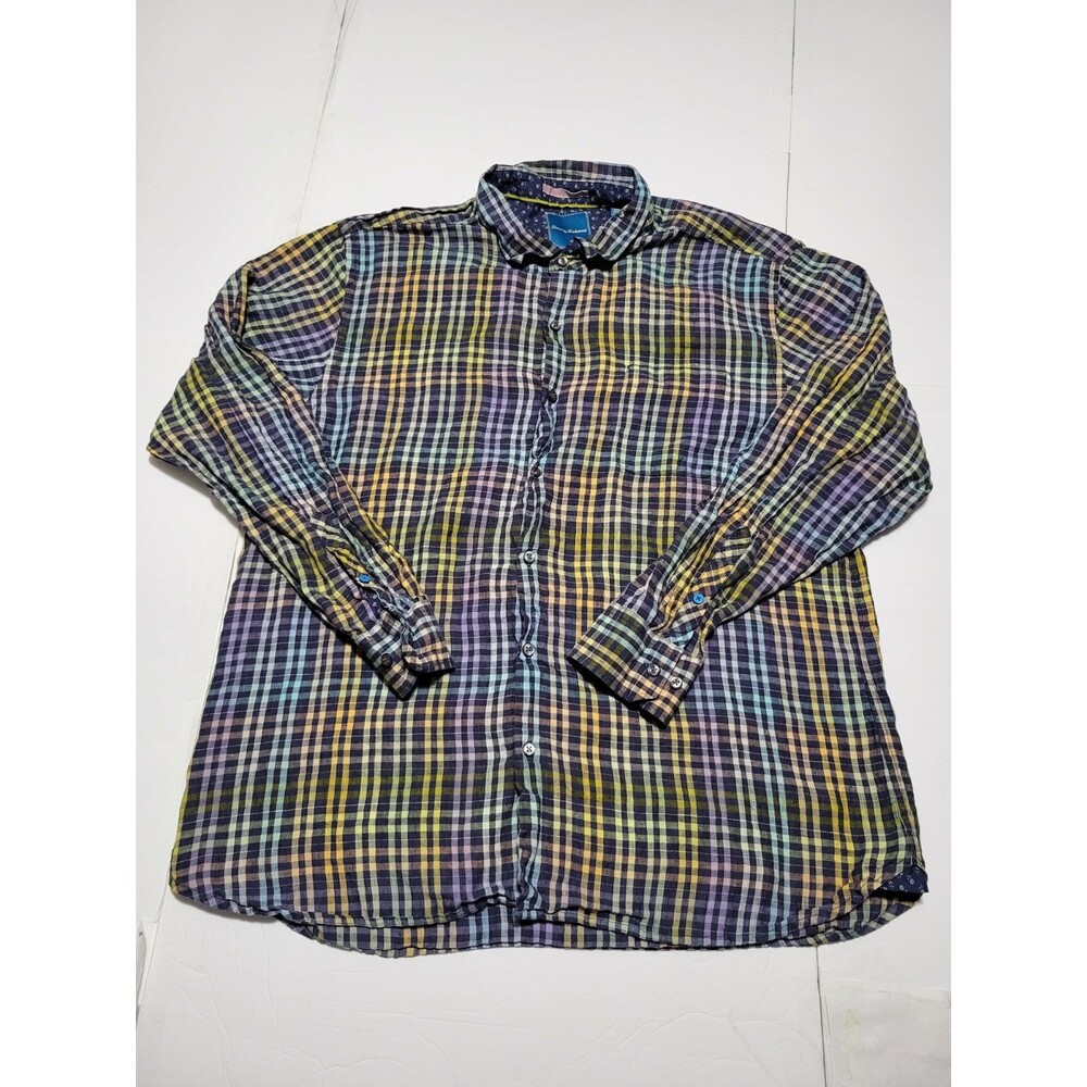 (#18) Tommy Bahama Multicolor Plaid 100% Linen Long Sleeve Button Up Men’s XXL